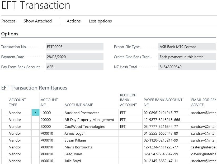 EFT transaction record